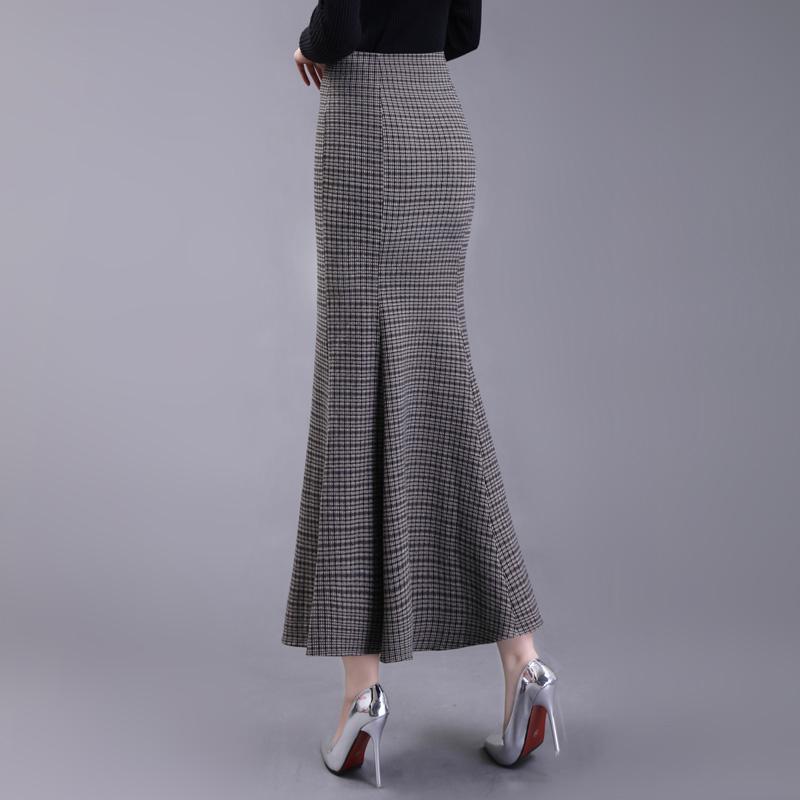 スカート レディース 秋 冬 ニット ウール フィッシュ テール ハイウエスト ロング 弾性 ヒップ チェック柄