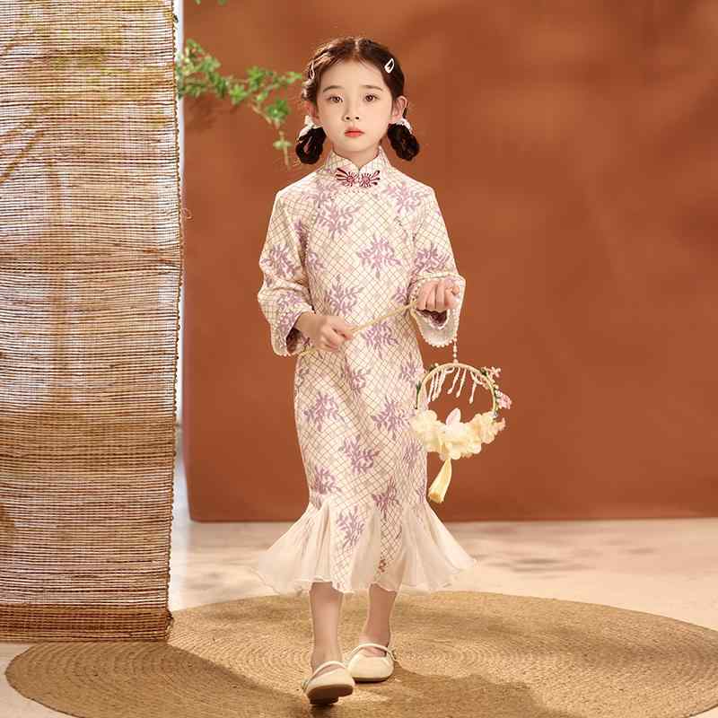 フィッシュテール チャイナ ドレス 女の子 ステージ レース ドレス 子供中 子供 レトロ パフォーマンス 服 キッズ パープル