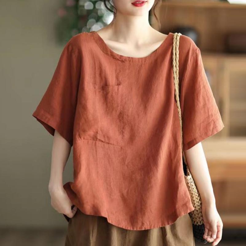 レディース ファッション カジュアル 婦人服 フレンチ シングル レトロ コットン リネン トップス 大きめサイズ 半袖 夏 ラウンドネック