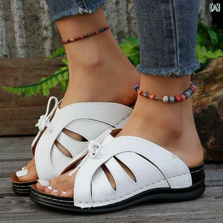 レディース サンダル 春 フリップフロップ ウェッジ ヒール 厚底 滑り止め ボウ 女性用 スリッパ