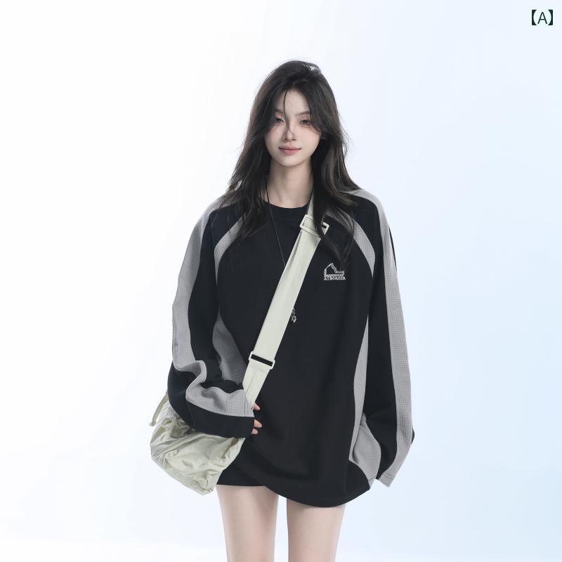 トップス 大きめサイズ 秋 ブラウン ラウンドネック スウェットシャツ カジュアル レディース アメリカン ゆったり コントラストカラー 長袖