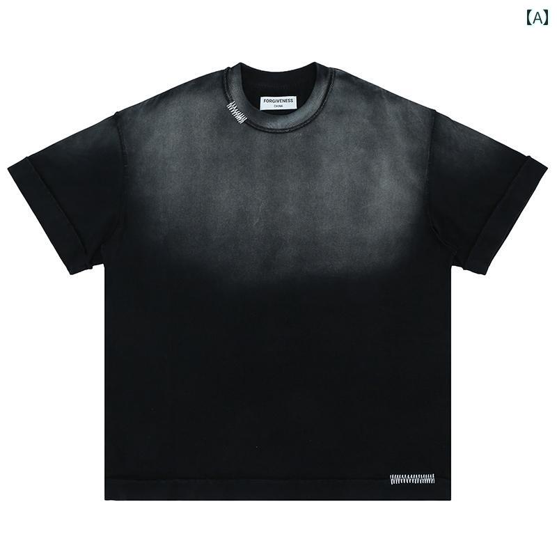 Tシャツ メンズ カジュアル おしゃれ コントラストカラー シャツ ウォッシュ加工 ダメージ加工 高い 汎性 グラデーション オーバー サイズ 半袖 無地 シンプル 合わせやい かっこいい 古着風