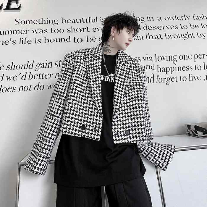 ジャケット おしゃれ メンズ レディース 韓国 ショート 千鳥格子 トップス ジャケット ダブルプレストボタン2つ 黒 長袖