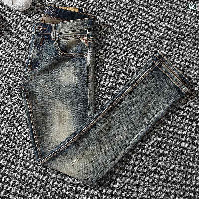 ノスタルジック アメリカン レトロ ジーンズ メンズ 春 スリム スモール ストレートレッグ ユーズド加工 デニム ミディアムローウエスト