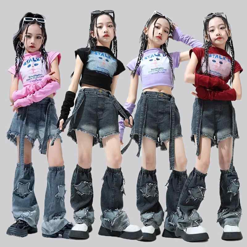 キッズ 子供 デニム 半袖ショートトップス 女の子 お腹見せ ダンス 衣装 セット ヒップホップ ストリート ステージ パフォーマンス ファッション 普段使い使い 韓国 おしゃれ かわいい