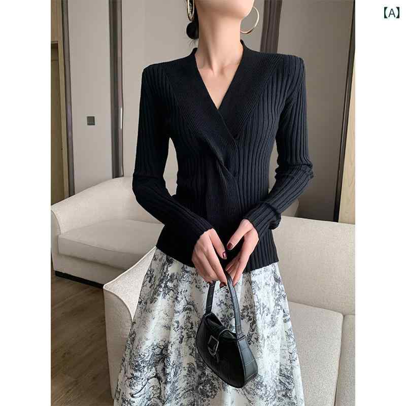 レディース セーター 長袖 トップス 春秋冬 Vネック 黒 プルオーバー ニット スリムフィット エレガント スタイリッシュ ベーシック ソフトタッチ シンプル モノトーン おしゃれ