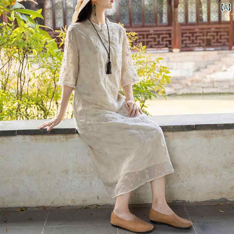レディース 夏 チャイニーズ スタイル ワンピース おしゃれ 上品 婦人服 女性 ハイエンド 綿 リネン ドレス ラミー 中華風 チャイナ レトロ 刺繍 若返り ロング スカート