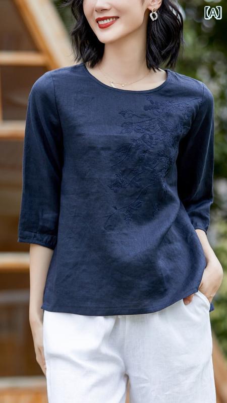 レディース カジュアル シャツ リネン Tシャツ 夏 レトロ 刺繍 薄手 ゆったり 5分袖 綿 トップス お母さん 向き