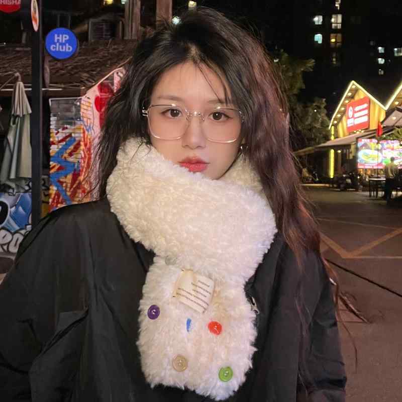レディース 冬 カジュアル マフラー 韓国 スカーフ 暖かい 厚手 柔らか ちち カラフル ボタン 人 学生 ..