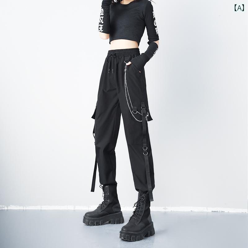 レディース 春秋 ジョガーパンツ ロング ストリート チェーン 黒 カジュアル ヒップホップ ダンス モード ファッション 快適 トレーニング スポーツ レジャー アウトドア 普段使い使い