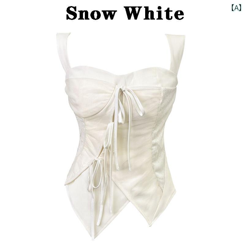 レディース 夏 サスペンダー ノースリーブ ウエスト シャツ ティー ブレーク ストラップ スクエア カラー トップス