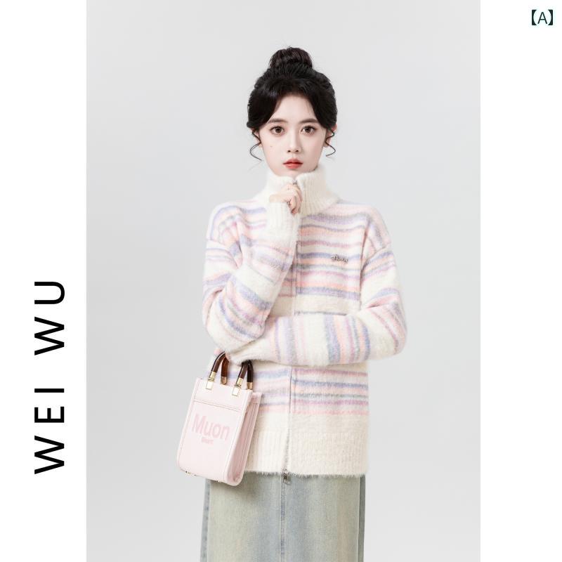 レディース 秋冬 長袖フード付ボーダーニットカーディガン 厚手トップス モテ服 韓国 かわいい カレッジ ガーリー おしゃれ アップ 暖かい デート イベント レジャー 女子会 普段