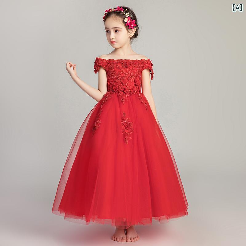 キッズ プリンセス ドレス 女の子 ワンショルダー ウェディングドレス ロングドレス ピアノ 演奏 ふわふわ かわいい おしゃれ レディース