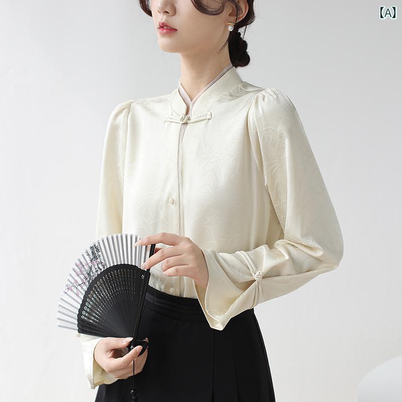 Other - レディース 立襟 ブラウス 上品 中華風 スタンドカラー 精巧 ジャカード シャツ 女性 春 レトロ プレート ボタン 馬顔スカート サテン トップス