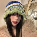 レディース カジュアル 帽子 ハット カラー ストライプ コントラスト 秋冬 手編み ウール 暖かい かわいい フィッシャーマン