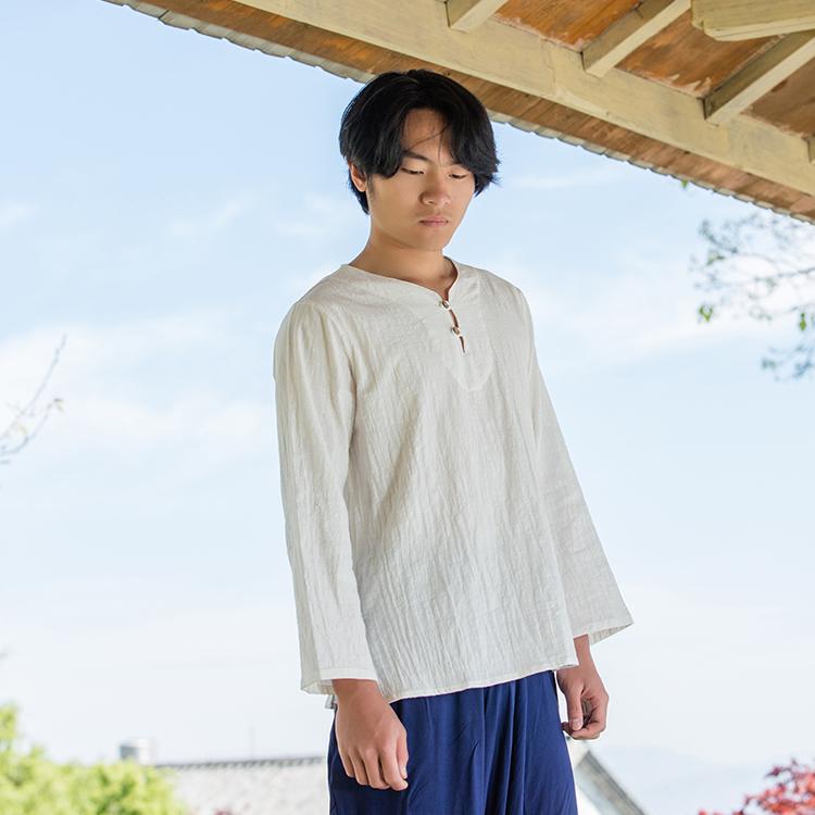シャツ メンズ 夏 長袖 中華風 紳士服 薄手 リネン ラウンドネック 木 ボタン トップス プルオーバー レトロ T