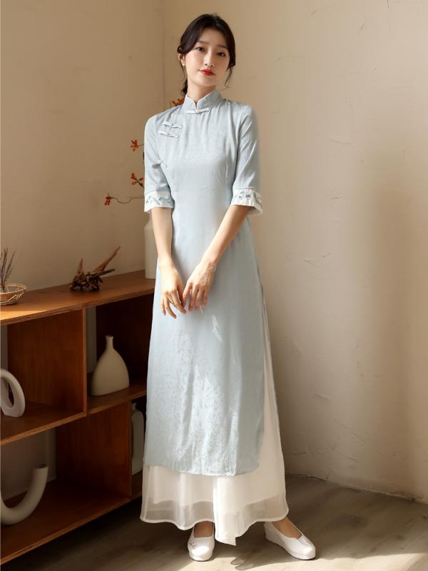 チャイナドレス 中国 瞑想服 レディース チャイナ ドレス セットアップ スーツ ビューティーサロン オーバー オール ロースリット 七分袖