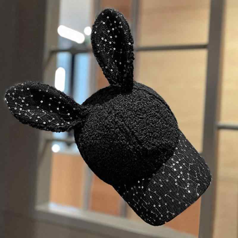 秋 冬 カジュアル キャップ 韓国 子 羊 ベルベット かわいい ウサギ 耳 アヒル キャップ 女性 ファッション 暖かい 野球帽