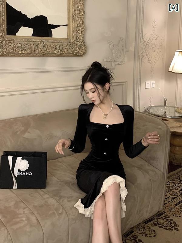 レディース ワンピース ドレス イブニング バースデー カクテル パーティー リトル ブラック ハイエンド 軽量 高級感 トースト フレンチ ベルベット フィッシュ テール