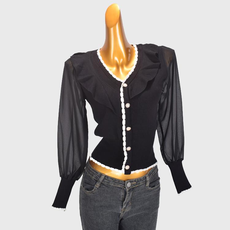 シャツ トップス レディース ファッション 春秋 メッシュ スプライシング Vネック セーター スリムフィット プルオーバー ショート(4)