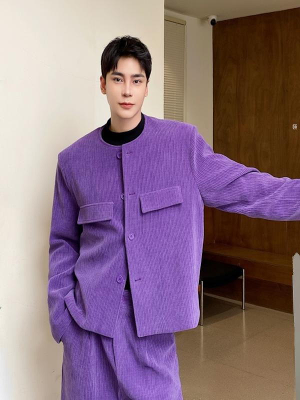 ジャケット メンズ 秋 冬 ハイエンド ストリート パープル ショート スーツ スタイリッシュ 韓国 ワイド レッグ 2点 セット