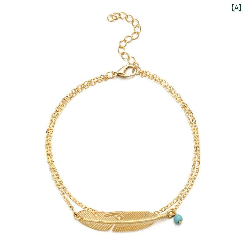 レディース 夏 アクセサリー アンクレット 水着 ビーチ プール 海水浴 アクセ 足首飾り アメリカ フェザー フット レトロ 葉 羽 ノスタルジック 二重層