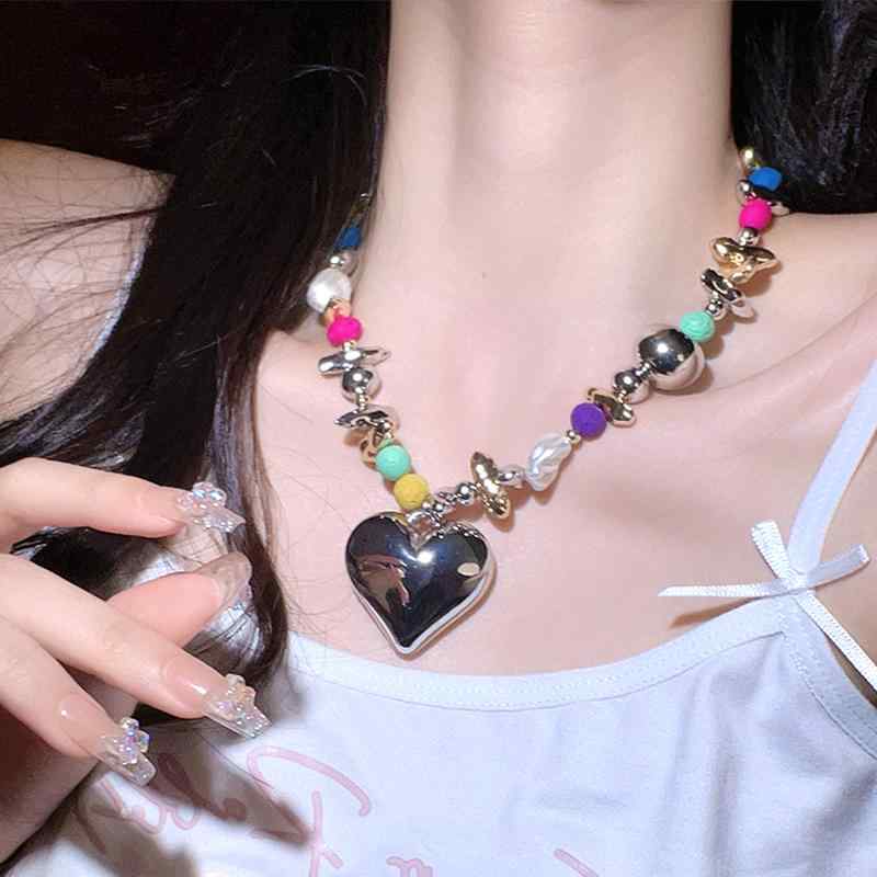 Pearl - ネックレス レディース アクセサリー カラフル ビーズ ハート 魅力的MIXコーデ ガール デコルテ チェーン