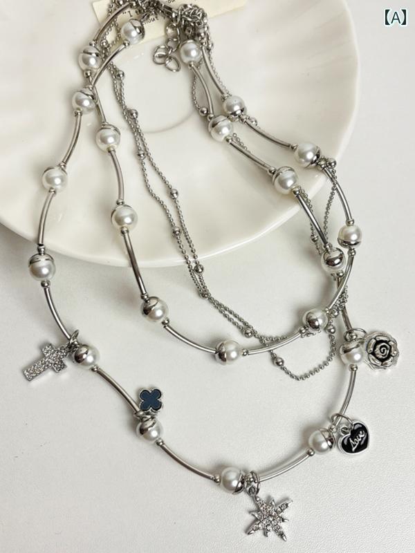 ネックレス レディース アクセサリー 多層 チェーン クロス ハート イミテーションパール 美デコルテ 強調 チェーン 豪華感 薔薇(4)