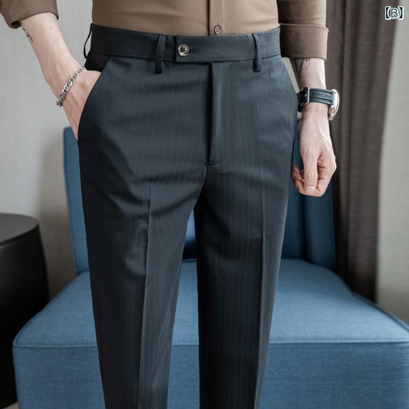 スーツパンツ スラックス 夏 薄手 ストライプ パンツ メンズ ビジネス カジュアル スリムフィット クロップドパンツ ネイビーブルー 9分丈