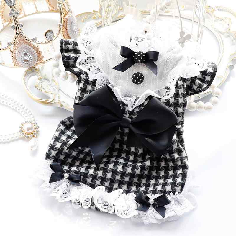犬服 ドッグ キャット ウェア 秋服 猫服 プリンセス ドレス 黒 千鳥格子 リボン 小型 犬 テディ ペット プリンセス スカート 衣装 散歩