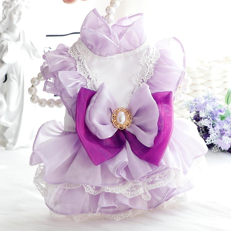 ペット品 洋服 ワンちゃん 猫ちゃん プリンセス スカート おしゃれ 犬服 秋服 猫 ヘビー パープル ガラス 小型 犬 テディ ペット かわいい 大きめリボン フリフリドレス