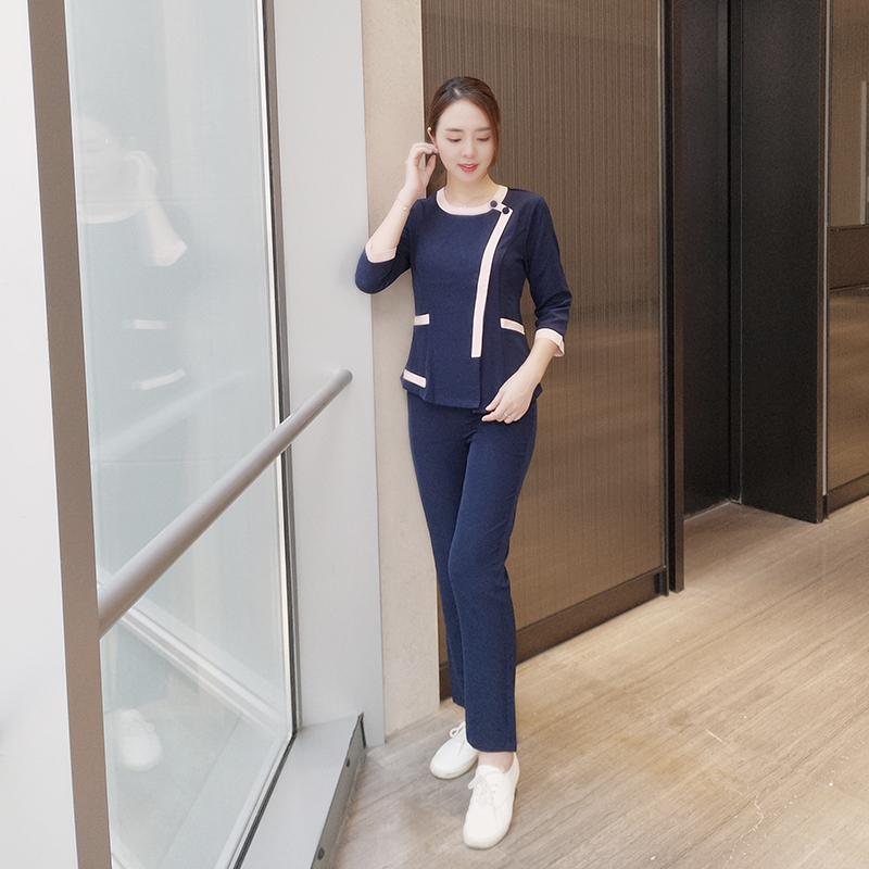 介護 リハビリ ユニフォーム 制服 韓国 美容 ネイリスト ペット ケア 大きめサイズ ポリエステル マッサージ エステ ネイビー おしゃれ シンプル 七分丈