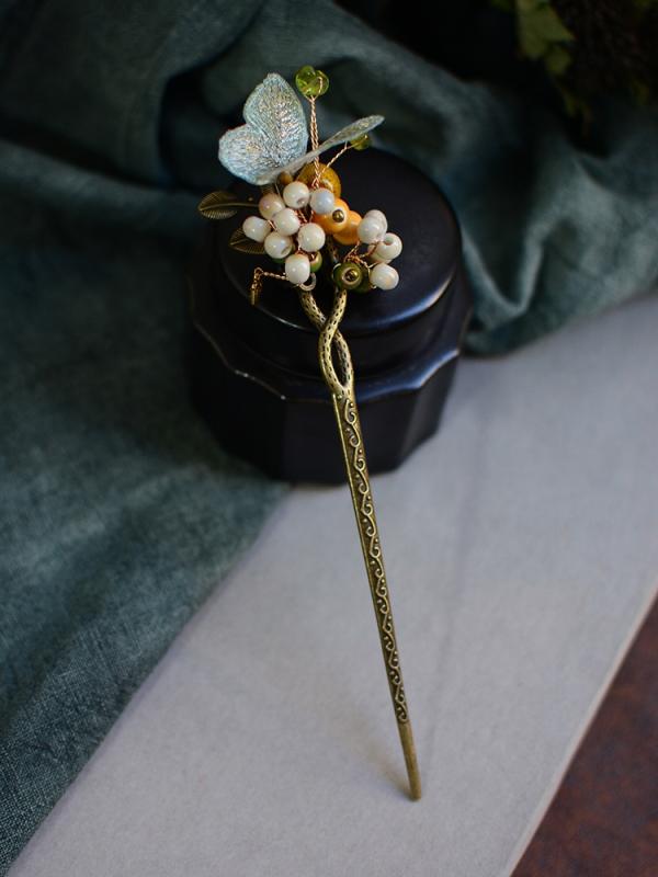 かんざし おしゃれ 髪飾り レディース アクセサリー ジュエリー 蝶 緑 チャイナ風 セラミック ヘアピン 森林 漢服 帽子 レトロ