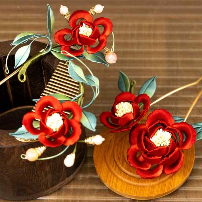 かんざし おしゃれ 髪飾り レディース アクセサリー ジュエリー 雑貨 フラワー ヘアピン 結婚式 赤 ヘアアクセサリー ヘアコーム チャイナ風 韓服 ウェディング 髪飾り 新年