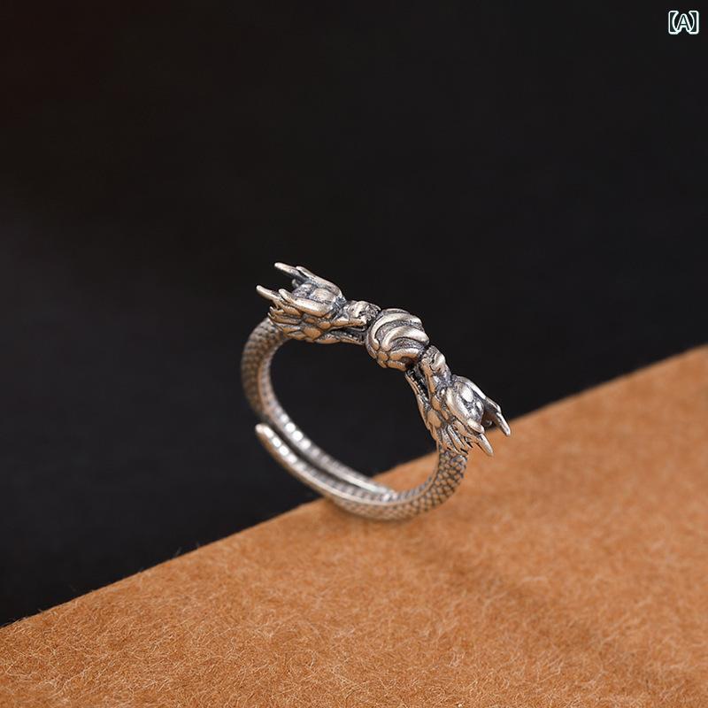 指輪 ドラゴン メンズ レディース アクセサリー オールシーズン レトロ スター リング シルバー ダブル ドラゴン エスニック ジュエリー 指輪