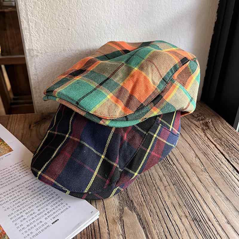 ハンチング帽子 ヴィンテージ風 チェック コントラスト フォワード ハット 秋 メンズ レディース レトロ アヒル ベレー帽 ファッション