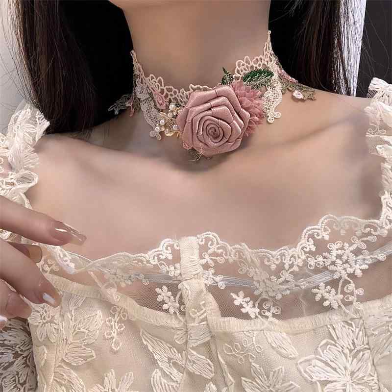 チョーカー フェミニン レディース ネックレス パステル カラー レース 花びら ロリータ 豪華感 アクセサリー 鎖骨 チェーン 韓国