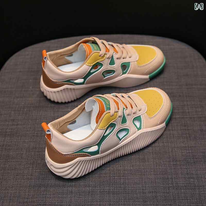 レディース レトロ 滑りにくい 裏地し スポーツ カラー スニーカー レースアップ 合成皮革 レディース 人工皮革 カジュアル おしゃれ(4)