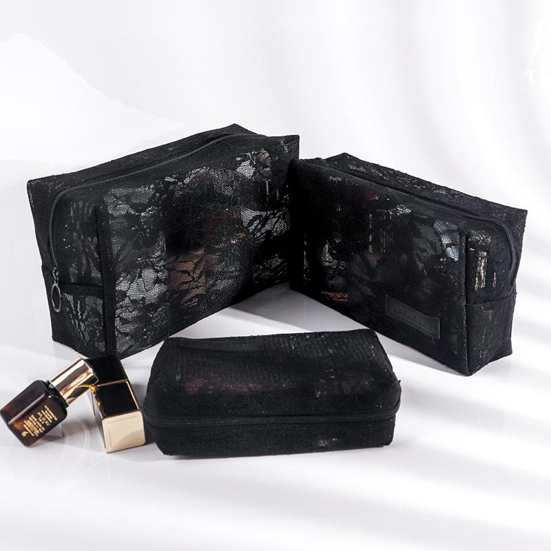 ポーチ バッグ レース 化粧品 ポータブル 旅行 黒 大容量 レディース 収納 メッシュ ストレージ ナイロン ブラック おしゃれ シンプル レディース トラベル