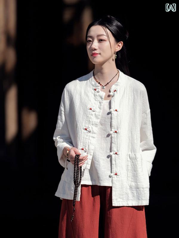 Rakuten - 僧院 信徒服 レディース 仏教 瞑想服 レディース 大きめサイズ ゆったり 中国 綿麻 唐服 トップス カーディガン リネン コットン パンツ スタンドカラー