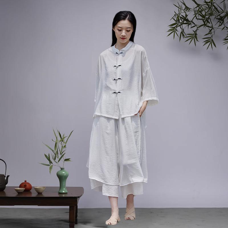 レディース 瞑想服 ナチュラル ホワイト レディース 仙 茶師服 瞑想 芸術 唐服 チャイナ風 綿麻 ボタン アップ シャツ レディース 瞑想