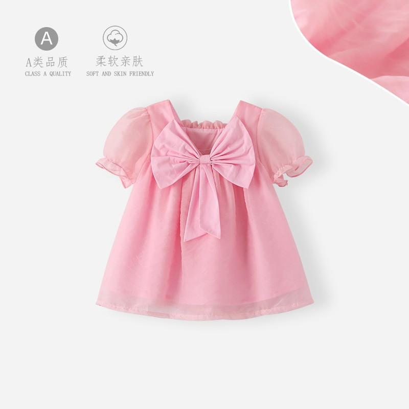 女の子 パフスリーブ 半袖 ドレス 夏 新 ベビー 服 プリンセス 赤ちゃん ピンク Aライン リボン エレガント おしゃれ かわいい