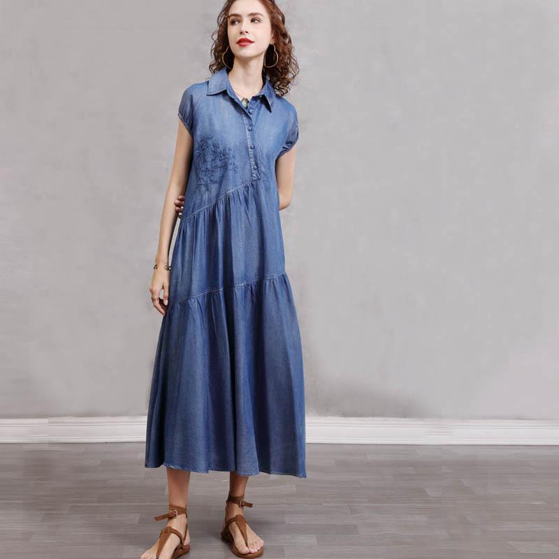 デニム ワンピース レディース 夏 デニムロングスカート ドレス エスニック Aラインスカート シェイプ スリム ロング スカート ゆったりウエスト フレアスカート