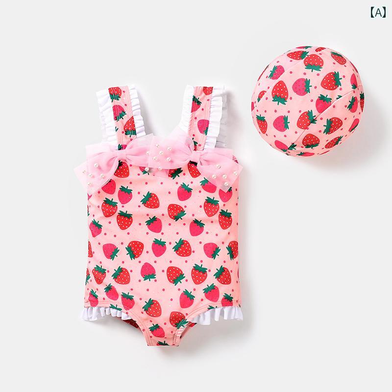 子供 水着 女の子 ワンピース イチゴ サスペンダー かわいい 赤ちゃん 夏 ピンク ドット リボン