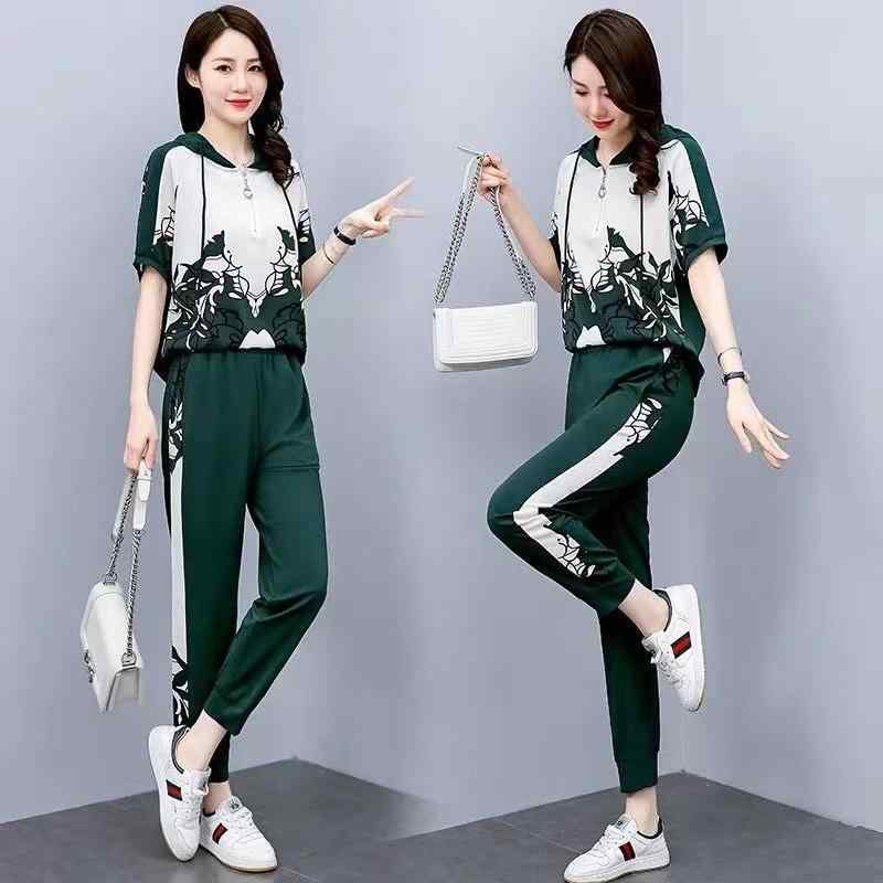 レディース ファッション スポーツスーツ セットアップ トップス ロング パンツ ズボン カジュアル レディース スリム 半袖 フード 夏