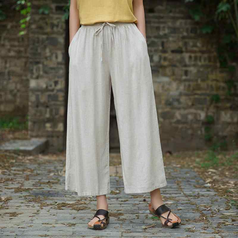 Cotton - カジュアル パンツ ゆったり リラックスフィット エスニック ナチュラル レディース 婦人服 パンツ ズボン ハイウエスト リネン ワイドレッグ ウエストゴム コットンリネン 九分丈 薄手