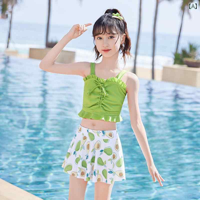 Rakuten - 子供 水着 セットアップ セパレート トップスフレアスカート 女の子 女児 女の子 ティーンエージャー 袖口フリル プリンセス 紫 ピンク イエロー 黄 パープル 黄緑 グリーン 90cm160cm 10kg45kg プール