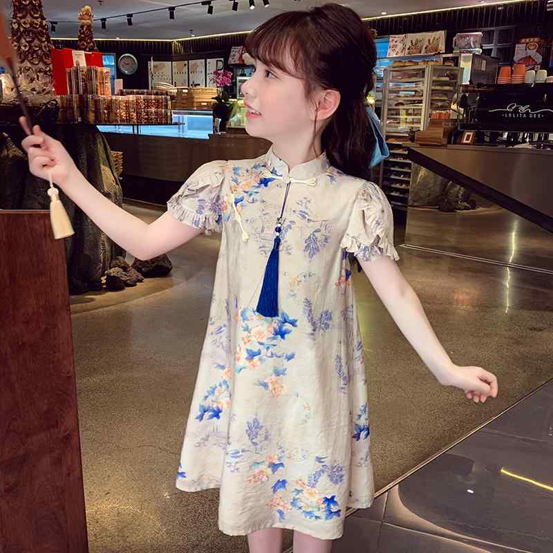 Kids' fashion dress, one-piece dress, long skirt, short sleeves, cute princess style, Chinese style, Korean style, fashionable, summer.