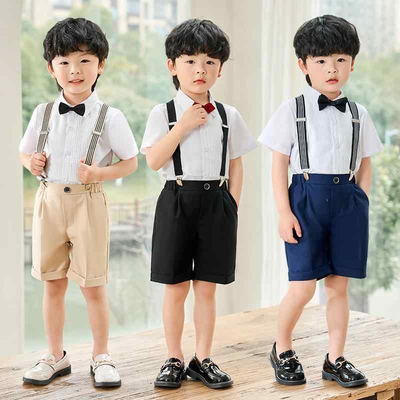 スーツ キッズ 子供 おしゃれ ファッション 男の子 半袖 白 ホスト パフォーマンス ドレス ブリティッシュ ボーイズ シャツ ショートパンツ サスペンダー