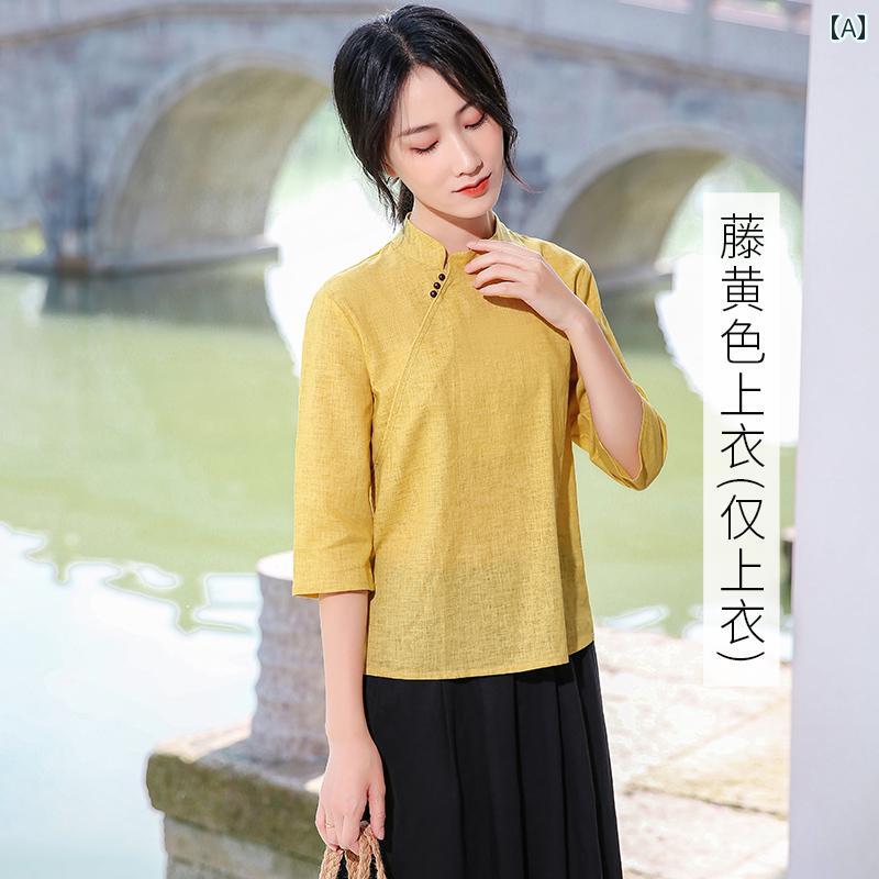 レディース チャイナ風 セットアップ 爽やか 綿 リネン 唐 セット 夏 漢服 トップス ティー 瞑想 衣装 ワイドレッグパンツ コットン 七分袖 ポケット 無地 シンプル